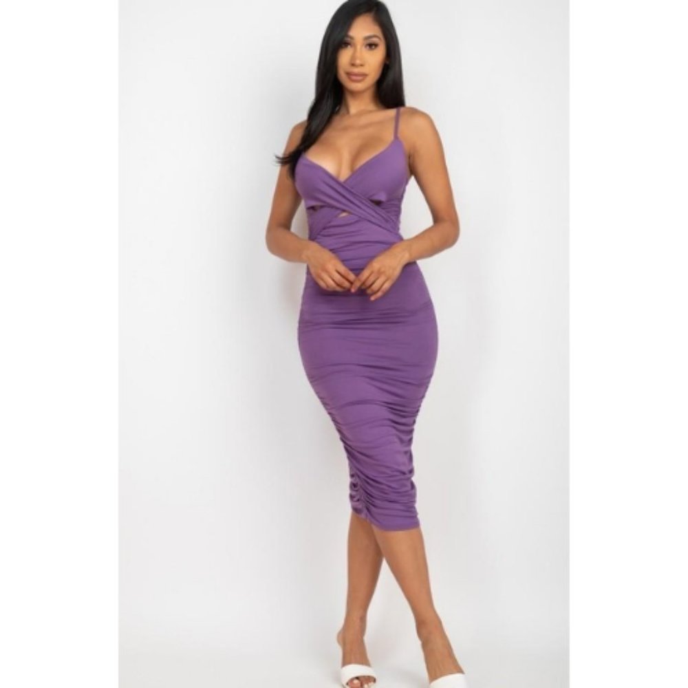Women’s Purple Cross Wrap Ruched Midi Dress